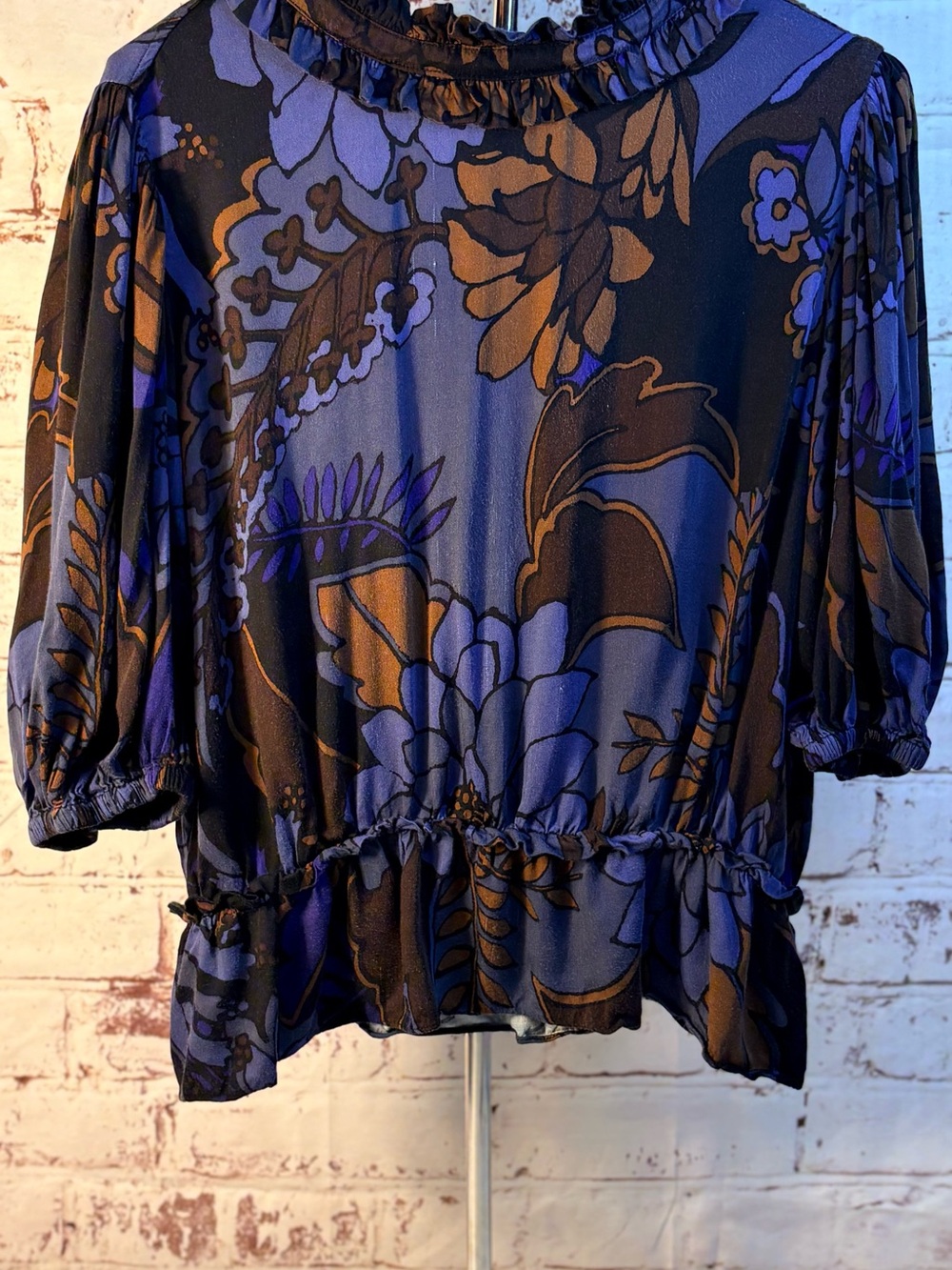 Printed Ruffle-Neck Peplum Blouse in Blue & Brown